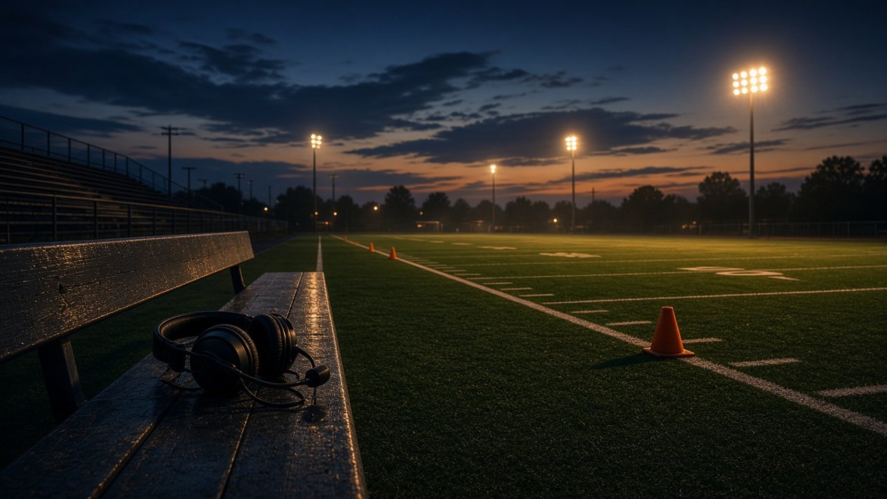 Empty football field at dusk with a coach headset and an orange cone.