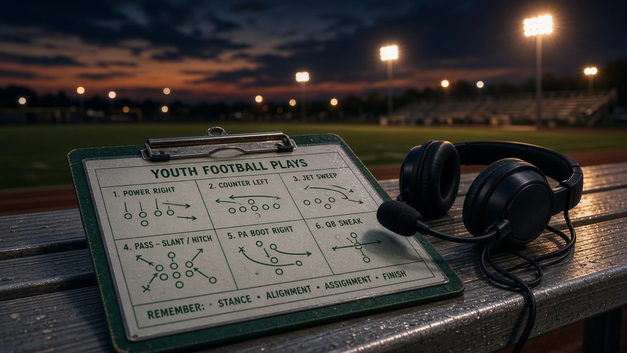 Clipboard of youth football plays and a coach headset on a sideline bench.