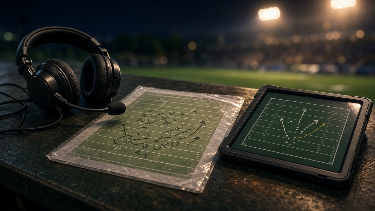 Coach headset, laminated play sheet, and a tablet on a sideline bench.