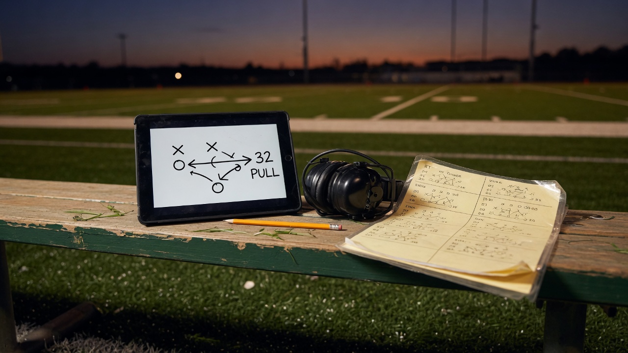 Sideline bench at dusk with a tablet showing a play diagram, a coach headset, and a laminated call sheet.